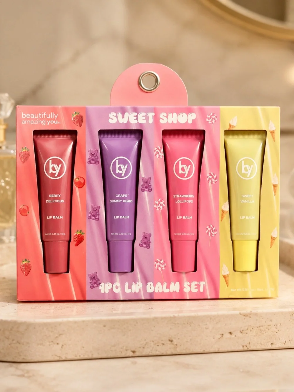KY Sweet Shop 4-Piece Lip Balm Gift Set Berry Grape Strawberry Vanilla NIB